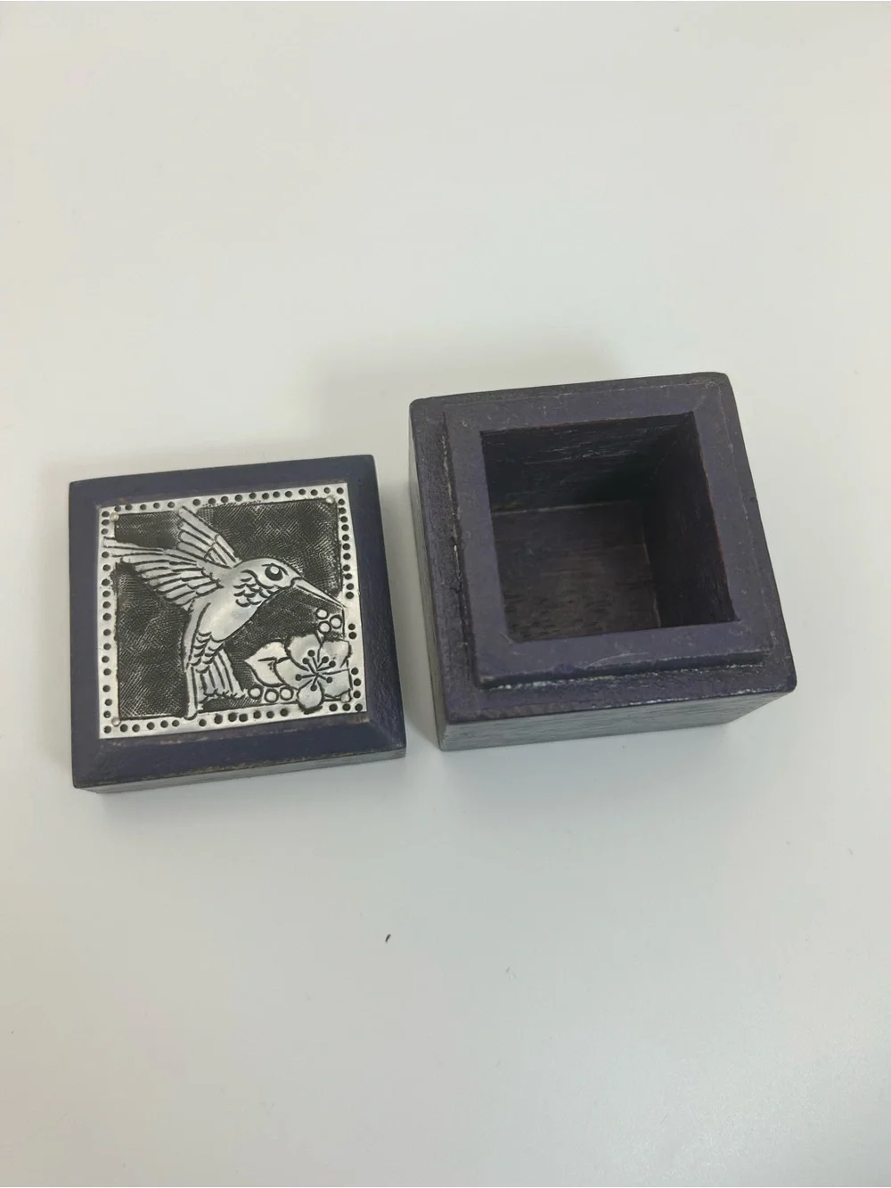 Navy Blue Hummingbird Trinket Box Wooden Small 2